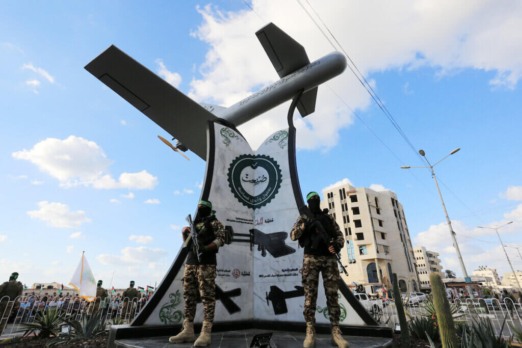 Members of the Izz al-Din al-Qassam Brigades, the military wing of Hamas, take part in the inauguration of the 